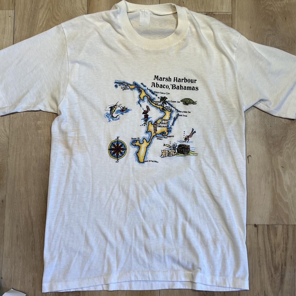 Vintage Marsh‎ Harbour Abaco Bahamas Shirt Mens Small White Map Graphic Tee